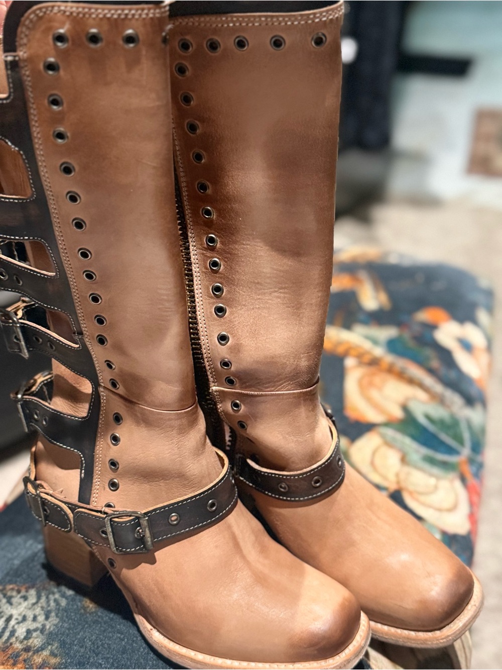 freebird Tan Leather Strappy Buckle Mid-Calf Heeled Boots - Picture 3 of 3